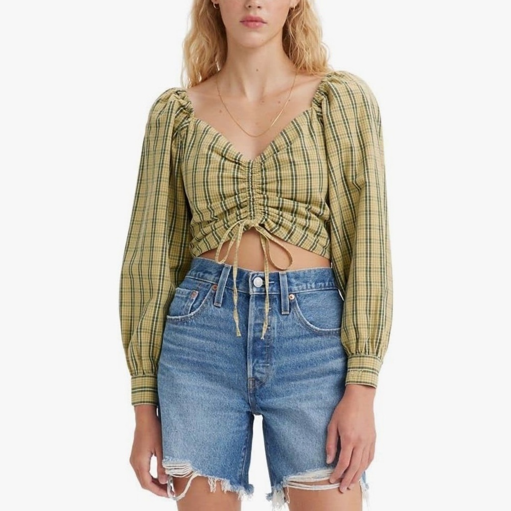 Levi's Yellow Plaid Drawstring Crop Blouse